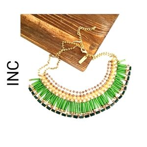 NWOT INC Green Seed Beaded Bib Statement Necklace Signed